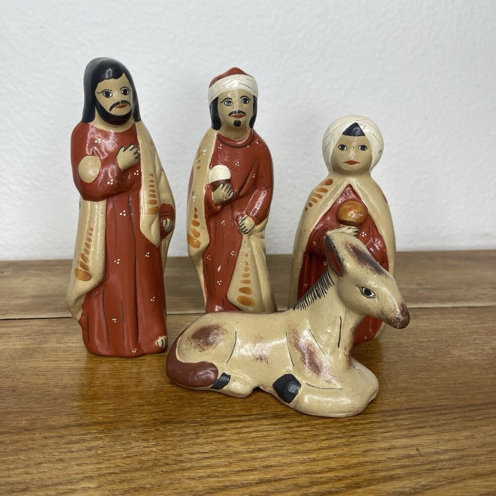 Mexican Tonala Clay Pottery Three Kings Wise Men Donkey Hand Painted Folk Art 6"